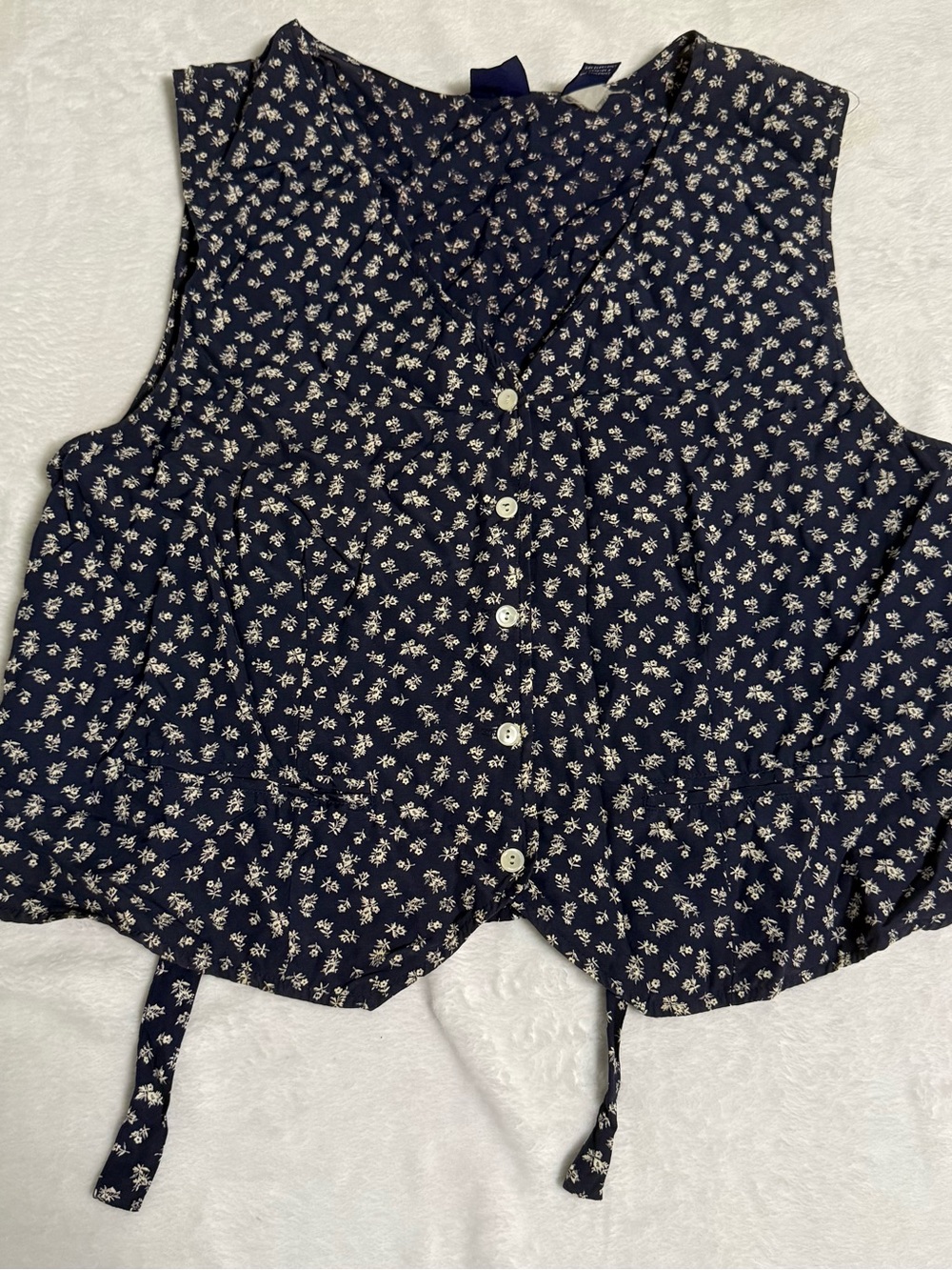 Vintage 90s GAP Navy Floral Button-Front Sleeveless Top with Tie Hem